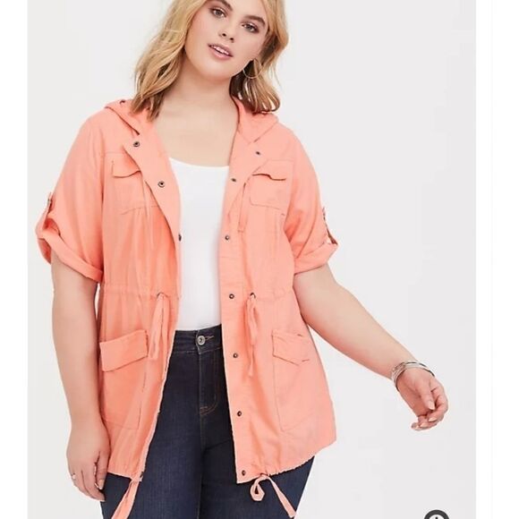 Torrid ORANGE PEACH LINEN HOODED ANORAKDETAILS - Picture 1 of 10